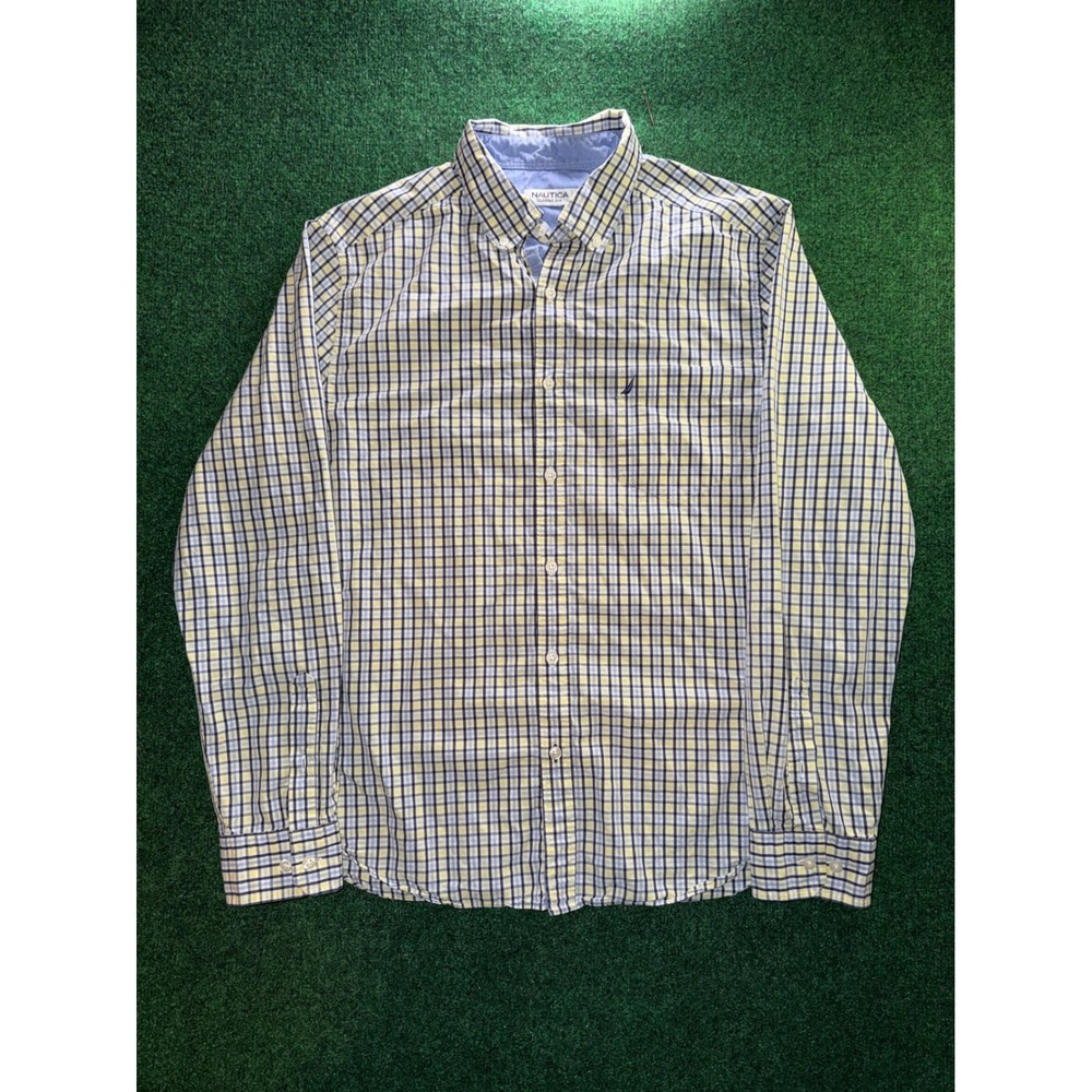 Nautica Mens Classic Fit Plaid Button Down Shirt Large Yellow Blue Long Sleeve